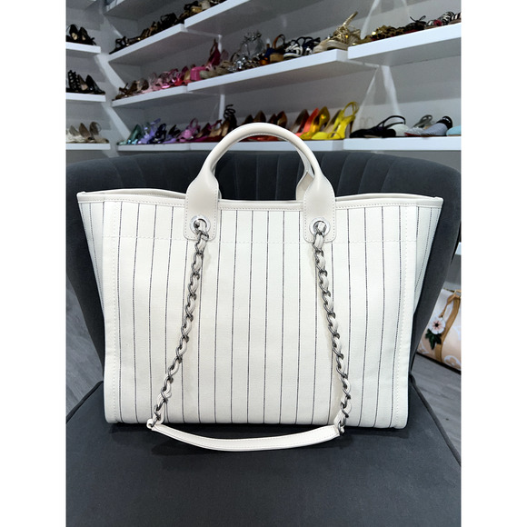 Chanel 23P Deauville White Ecru Black Stripe Large Shopping 30cm Handle Tote Bag - Picture 6 of 10